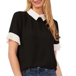 CeCe Black Blouse with White Collar, Short Ruffle Sleeves. Size Medium